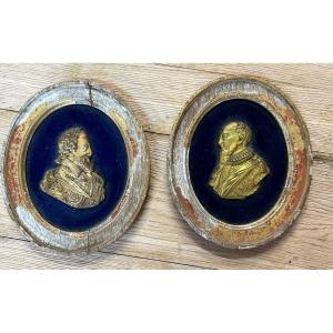 Pair Of Portraits In Medallions - Gilt Bronze Profiles Henry IV And Sully 18th Century