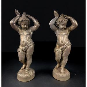 Pair Of Vintage Cast Iron Torchiere Late 19th Century Brochon Donjeux Foundry
