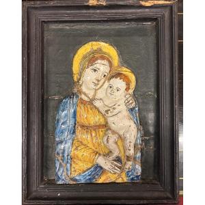 Polychrome Ceramic Devotional Plate Virgin And Child Romagna Italy Early 18th Century