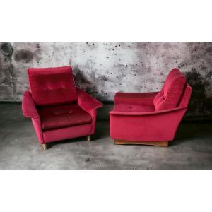Pair Of Vintage Comfortable Armchairs In Fabrics Probably Italian From The 1950s-60s