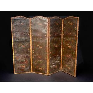 Large Four-leaf Screen In Cordoba Leather From The Late 18th Century H 188 Cm