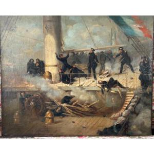 Peinture - Tableau Représentant Le Pont Du Vaisseau Ville De Paris - Marine - Huile Sur Toile 
