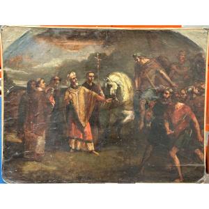 Tableau Peinture Huile Sur Carton époque Fin XIXéme étude -Attilla et le Pape Léon 1er