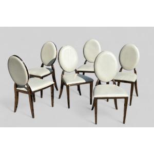 Set Of Six Medallion Back Chairs In Brass And White Leatherette Circa 1980
