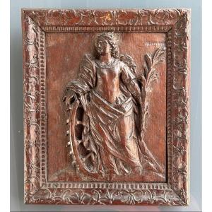 Panneau Chêne Sculpté - Catherine D’alexandrie - Cadre à La Bérain XVIIIème Siècle
