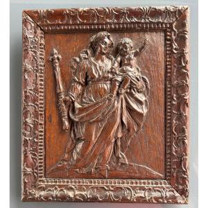 Panneau Chêne Sculpté - Vierge à L’enfant - Cadre à La Bérain XVIIIème Siècle -
