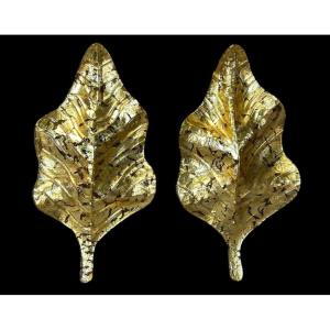 Large Pair Of Murano Gilded Glass Leaf Wall Lights - Italy Circa 1980 H 67 Cm
