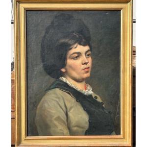 Portrait Of A Woman With A Coral Necklace Oil On Canvas 19th Century