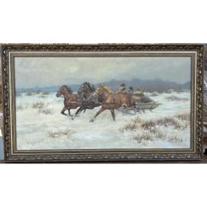 Hunting Scene In Troika - Russian School Signed M.gaczot Dated 79 Oil On Canvas - Painting