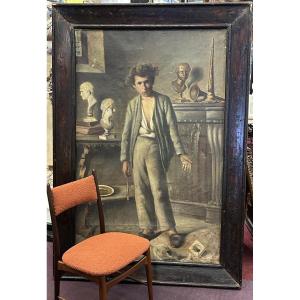 Oil On Canvas "apprentice Sculptor In The Workshop" - 19th Century Painting