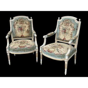 Pair Of Louis XVI Cabriolet Armchairs - Lacquered Beech And 18th Century Tapestry Upholstery