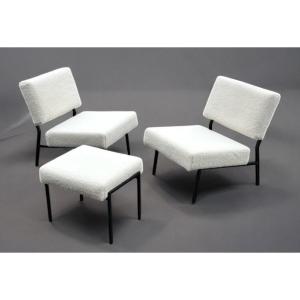Pair Of Armchairs And Ottoman Or Stool 1960s Pierre Guariche - Armchairs