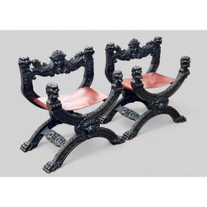 Pair Of Dagobert Curule Armchairs In Mahogany, Renaissance Style, Late 19th Century - X-shaped Armchair 