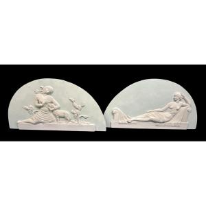 Pair Of Large Decorative Plaster Panels From The Art Deco Period - Top Of Door H 62 X W 126 Cm