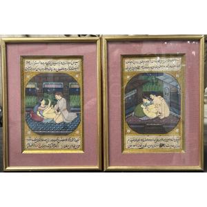 India - Pair Of Ancient Persian Miniatures, 19th Century, Manuscript Pages - Gouache - Erotic - Kama Sutra