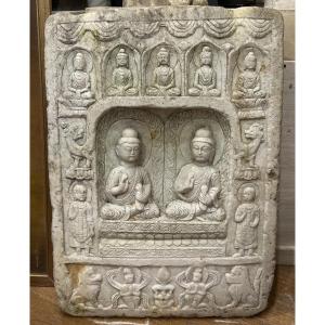 Antique Chinese Buddhist Votive Stele In White Marble Bas-relief Sculpture Medieval China 