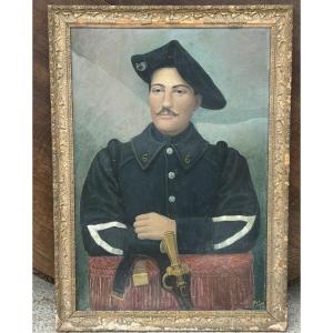 Military Portrait Of An Alpine Hunter, Oil On Cardboard, Dated 1915, Signed Renée Encontre 