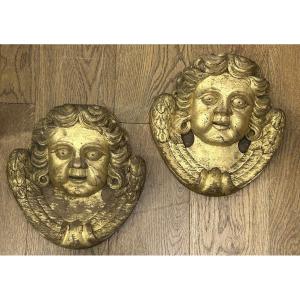 Pair Of Gilded Wood Sculptures - Angel Heads Circa 1900 