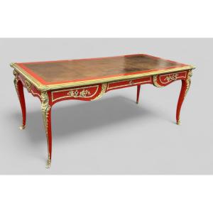 Important Louis XV Style Flat Desk In Red Lacquer From The Napoleon III Period - L 182 Cm