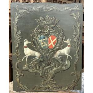 Coat Of Arms - Shield Depicting Two Greyhounds Facing Each Other, Painting On A Parqueted Wooden Panel, 19th Century