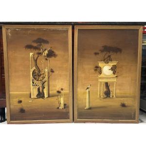 Pair Of Surrealist Oil Paintings On Hardboard Circa 1950-60 - Painting - Surrealist Painting 