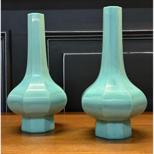 Pair Of Opaque Turquoise Speckled Glass Bottle Vases From Beijing, Early 20th Century 