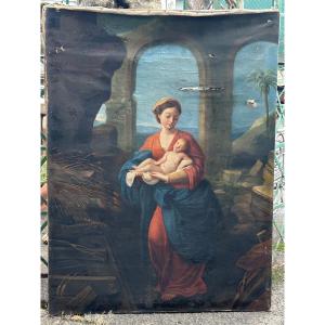 French School, Early 19th Century. Virgin And Child, Important Oil On Canvas, H 130 Cm