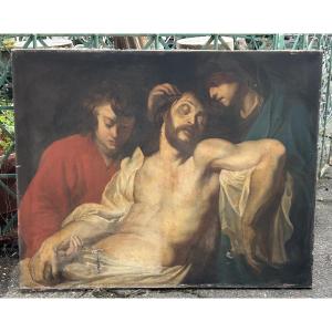 Religious Painting, Lamentation Of The Dead Christ By Mary And Saint John, Oil On Canvas, Early 19th Century