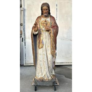 Important Polychrome Plaster Sculpture For A Church Or Chapel - Sacred Heart Of Jesus, H 180cm