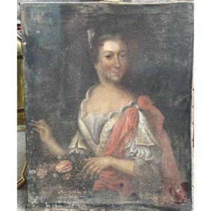 French School Portrait Of A Woman From The Early 18th Century, Oil On Canvas, In Need Of Restoration 