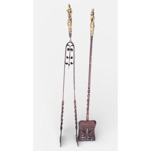 Fireplace Set - Shovel And Tongs, Gilt Bronze, Wrought Iron, Late 19th Century, Renaissance Style