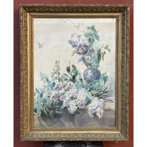 Blanche Odin (1865-1957) Lilacs In A Blue Vase - Large Watercolor On Paper H 78 Cm