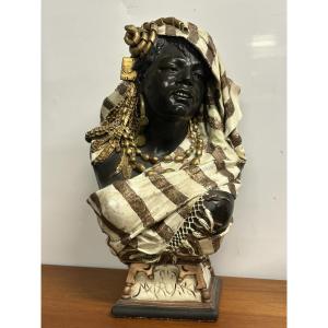 Polychrome Plaster Bust - Beautiful Oriental Woman From Morocco, Early 20th Century - Orientalist, H 63 Cm