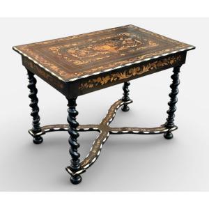 Dutch Marquetry Desk With Floral Decoration, Twisted Legs, Blackened Wood, 19th Century 