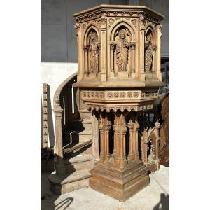 Very Important Oak Church Pulpit Dating From 1900, Neo-gothic Style, Total Height 7.30 M