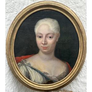 Oval Portrait Of A Woman From The 18th Century, Painting On Canvas Mounted On Cardboard 