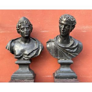 Important Pair Of Antique-style Plaster Busts, 18th Century - Roman Bust, Italy, H 90 Cm