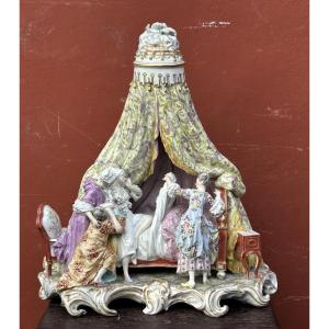 Saxony - The Bride's Bedtime - Polychrome Enameled Porcelain Pyramidal Group 1880-1910