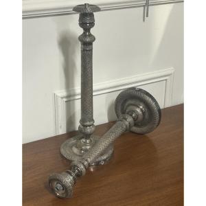 Large Pair Of Restauration-period Silver-plated Candlesticks, Circa 1840 H 36 Cm
