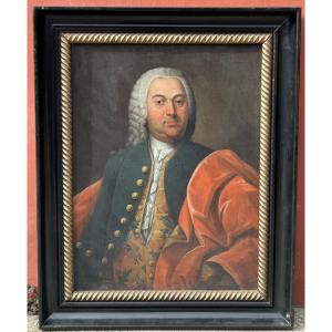 Eighteenth-century Portrait Of A Man With A Powdered Wig And Silk Vest Oil On Canvas
