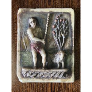 Antique 17th Century Polychrome Alabaster Plaque Saint John The Baptist - Religion
