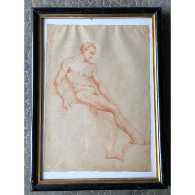 Neapolitan School - Drawing Of A Naked Man In La Sanguine - XIXth Century