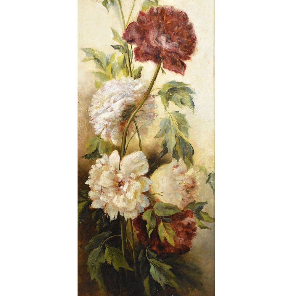 QUADRI ANTICHI, NATURA MORTA DI FIORI CON PEONIE, OLIO SU TAVOLA, FINE DELL 800. (QF456)-photo-3