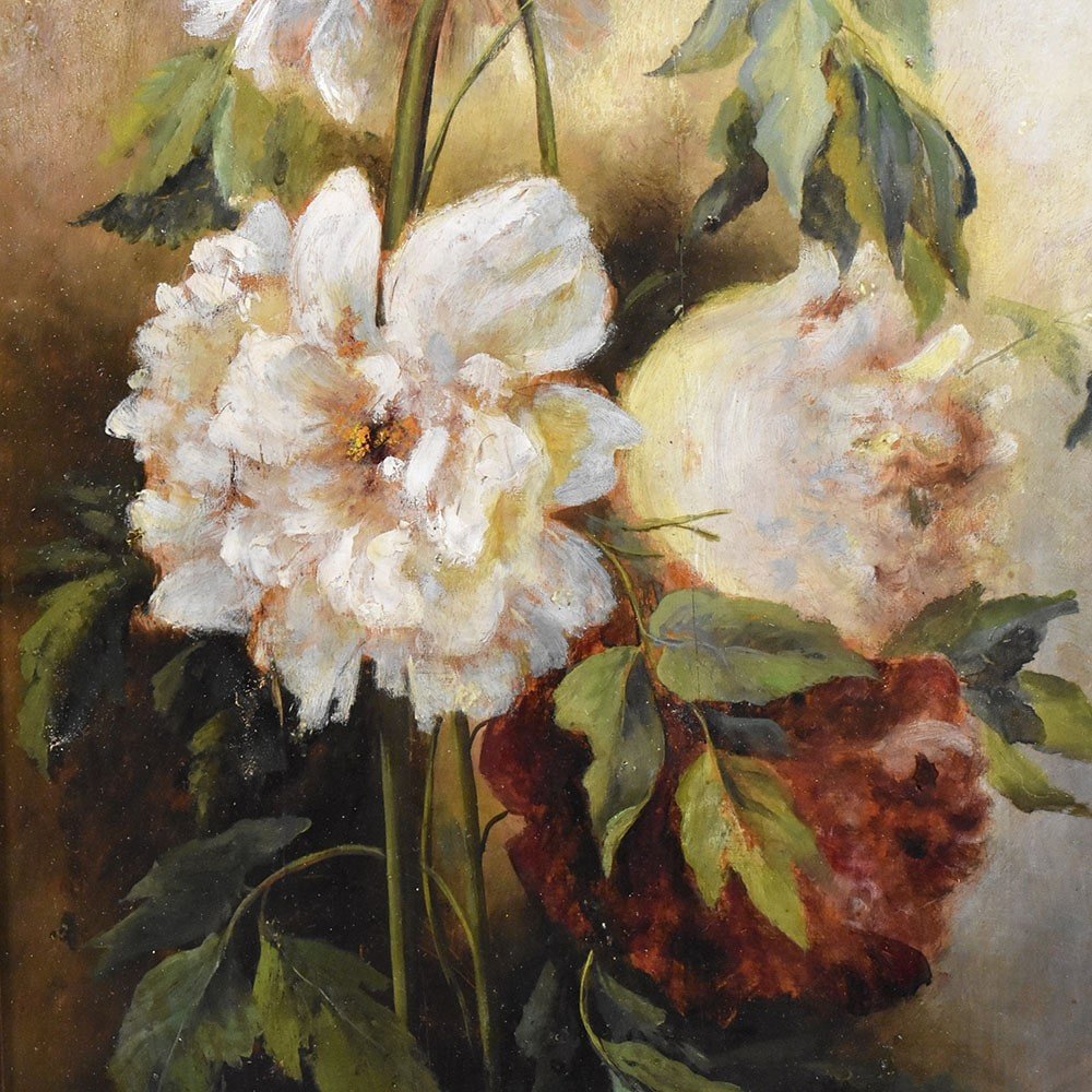 QUADRI ANTICHI, NATURA MORTA DI FIORI CON PEONIE, OLIO SU TAVOLA, FINE DELL 800. (QF456)-photo-2