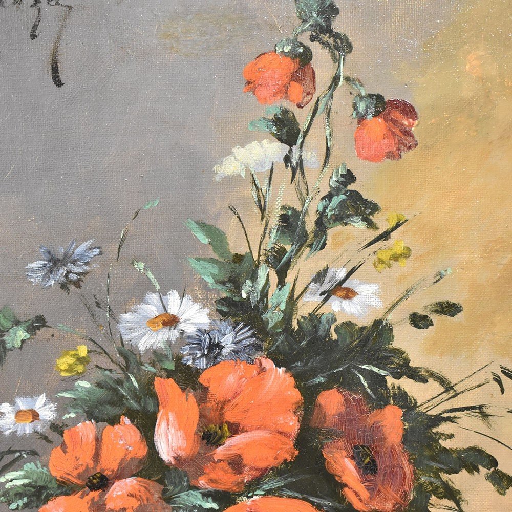 QUADRI ANTICHI, NATURA MORTA DI FIORI CON PAPAVERI, OLIO SU TELA, DELL 800. (QF472)-photo-4