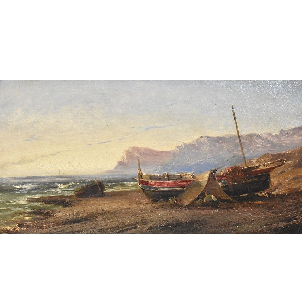 DIPINTI ANTICHI, QUADRI MARE, MARINA CON COSTA, PITTURA AD OLIO SU TAVOLA, DELL 800. (QM476)-photo-2