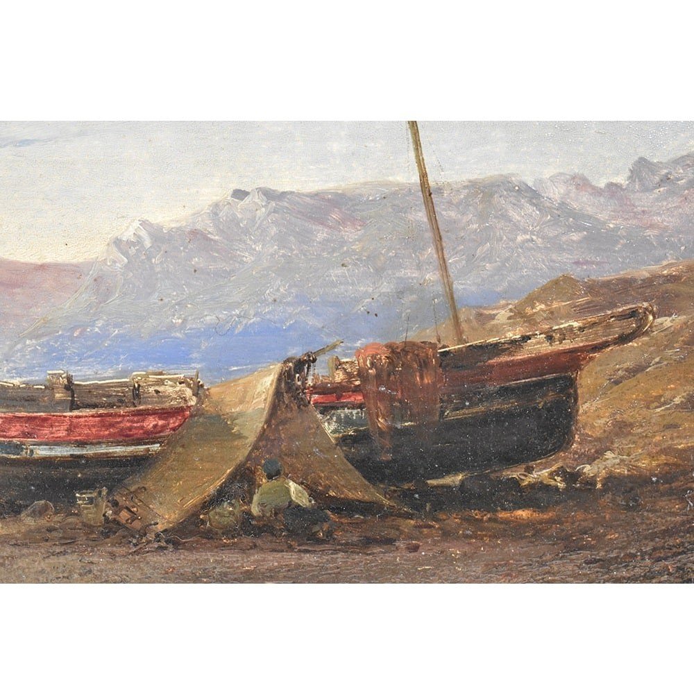 DIPINTI ANTICHI, QUADRI MARE, MARINA CON COSTA, PITTURA AD OLIO SU TAVOLA, DELL 800. (QM476)-photo-3