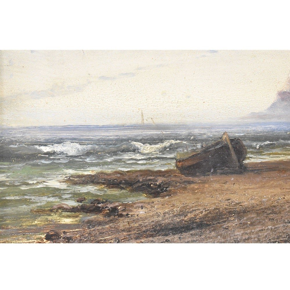 DIPINTI ANTICHI, QUADRI MARE, MARINA CON COSTA, PITTURA AD OLIO SU TAVOLA, DELL 800. (QM476)-photo-4