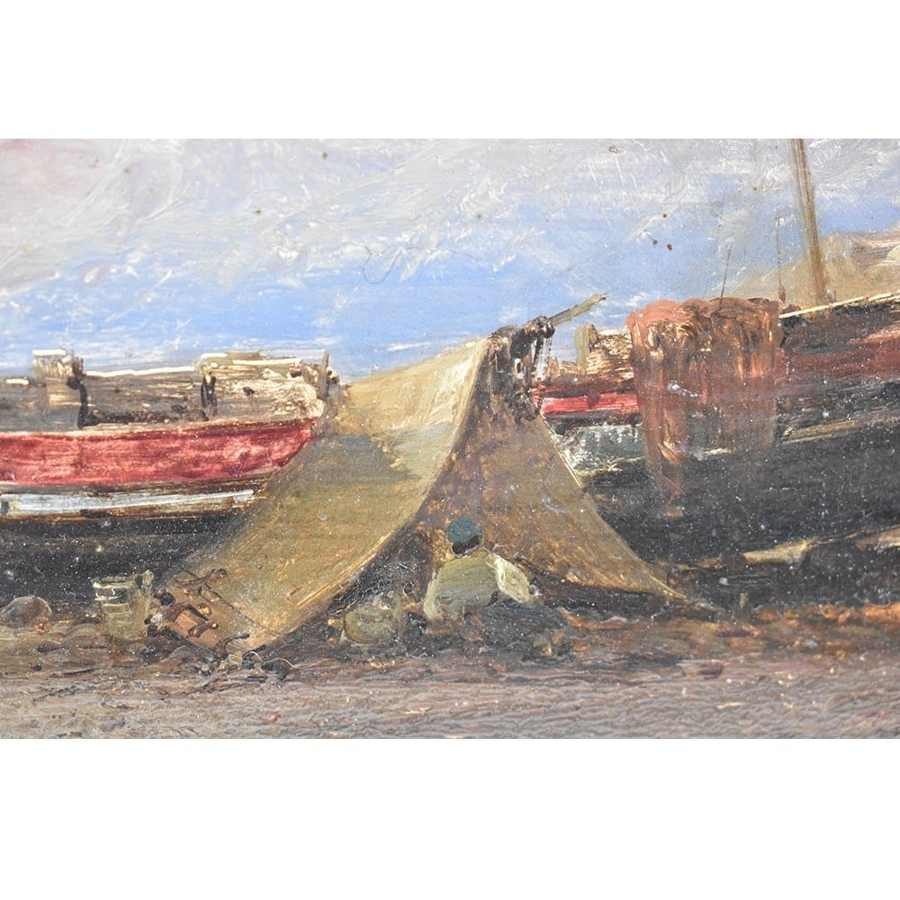 DIPINTI ANTICHI, QUADRI MARE, MARINA CON COSTA, PITTURA AD OLIO SU TAVOLA, DELL 800. (QM476)-photo-1