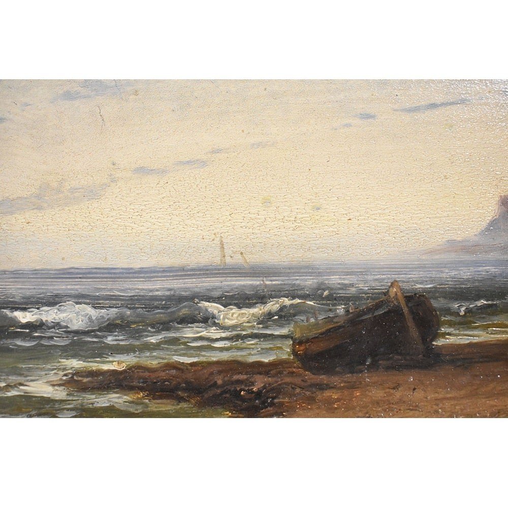 DIPINTI ANTICHI, QUADRI MARE, MARINA CON COSTA, PITTURA AD OLIO SU TAVOLA, DELL 800. (QM476)-photo-2